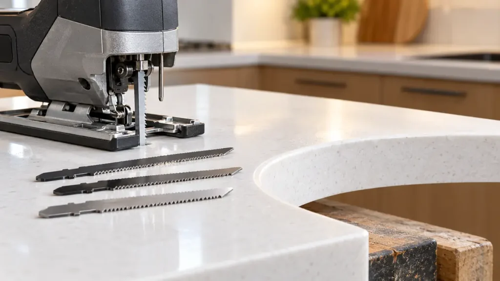 Jigsaw blades beside a solid-surface countertop sample with rounded cutout