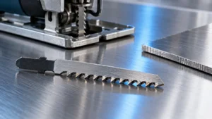 Jigsaw blade on a brushed stainless steel sheet with a small offcut