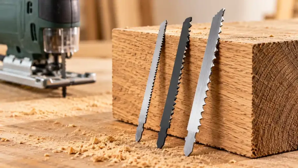 Long wood-cutting jigsaw blades beside a thick oak block