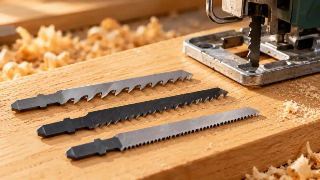 Wood-cutting jigsaw blades on a timber plank with wood shavings