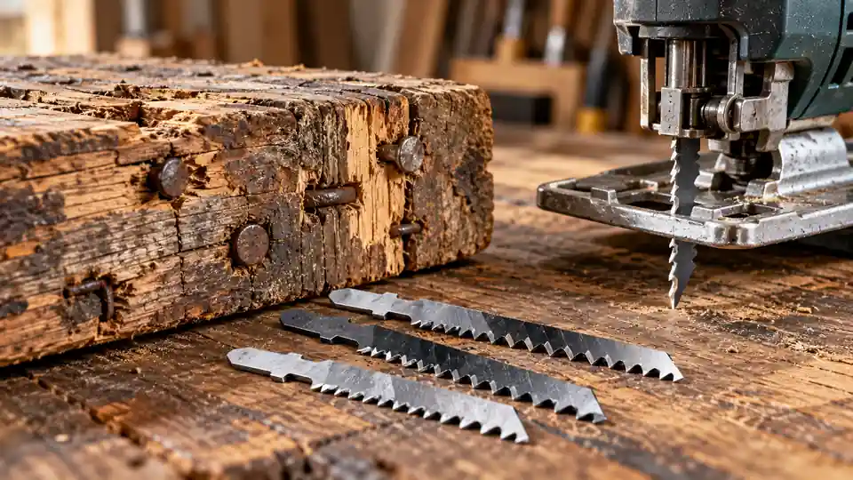 Bi-metal jigsaw blades beside reclaimed timber containing nails