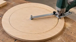 Jigsaw circle-cutting guide positioned on a plywood disk