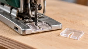 Transparent jigsaw splinter guard fitted in the shoe beside a spare insert