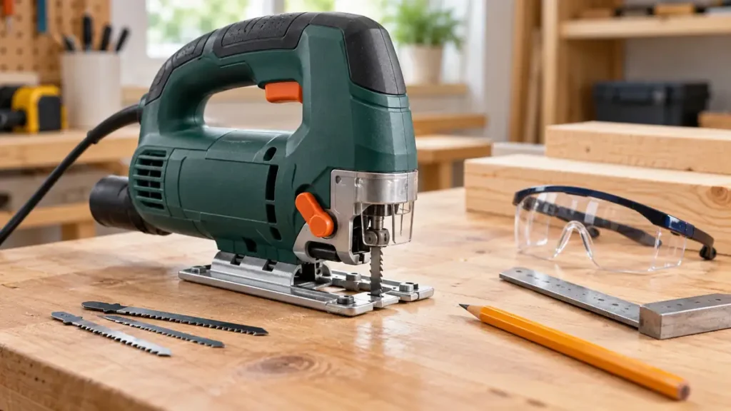 Compact jigsaw with a pencil, square and goggles on a beginner workbench