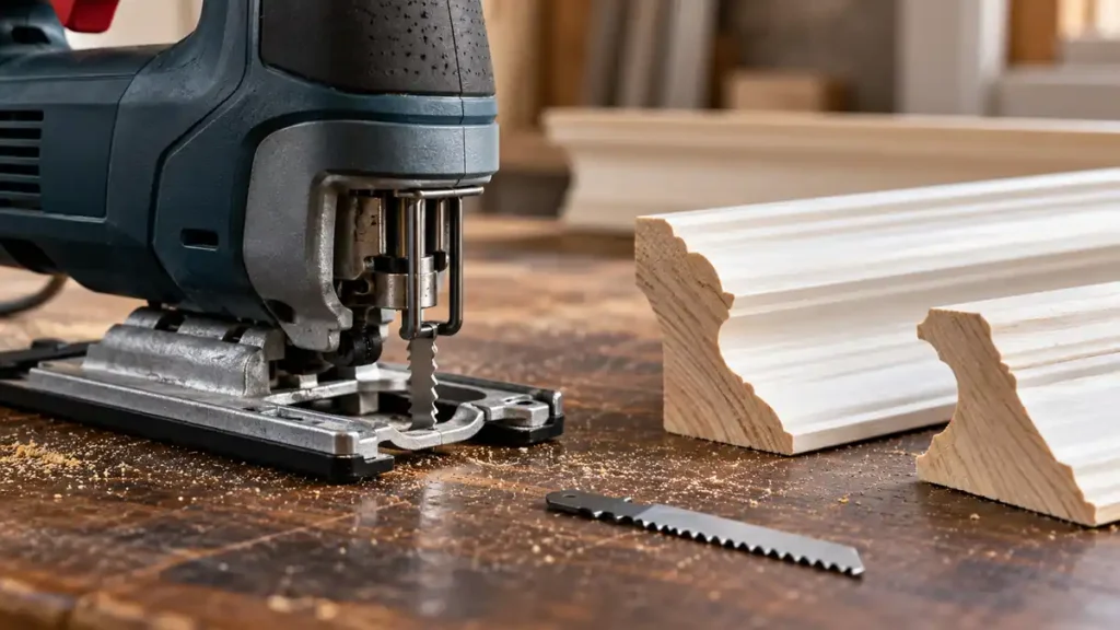 Jigsaw beside profiled crown-molding offcuts on a woodworking bench