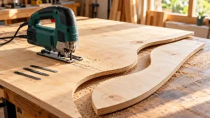 Jigsaw beside a flowing curved cut in a plywood panel