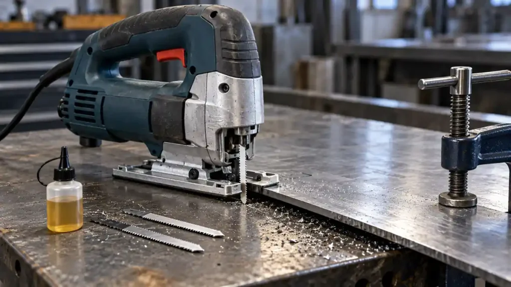Jigsaw and fine-tooth blade beside a clamped steel sheet