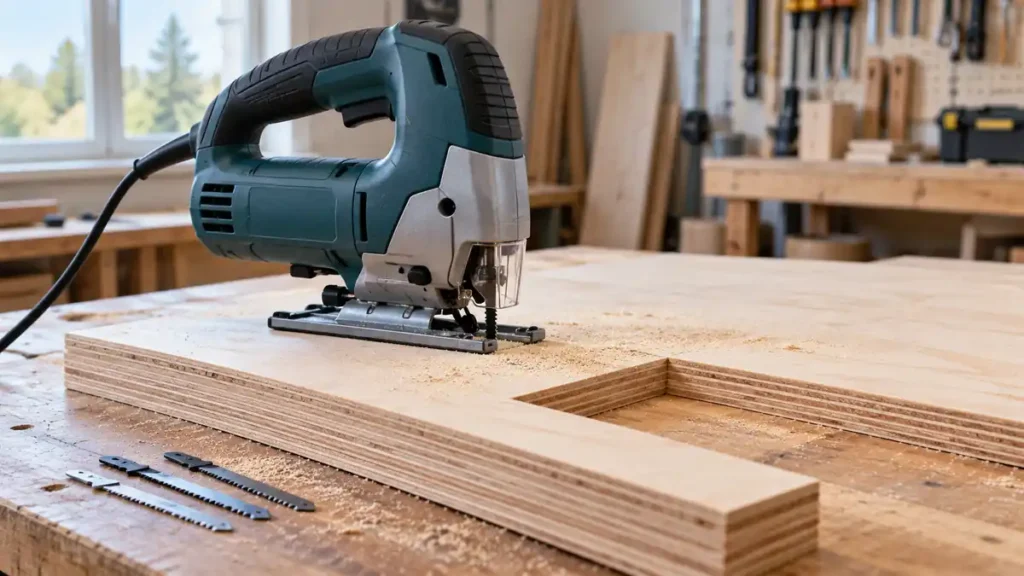 Jigsaw on stacked plywood panels with a clean notch in the top sheet