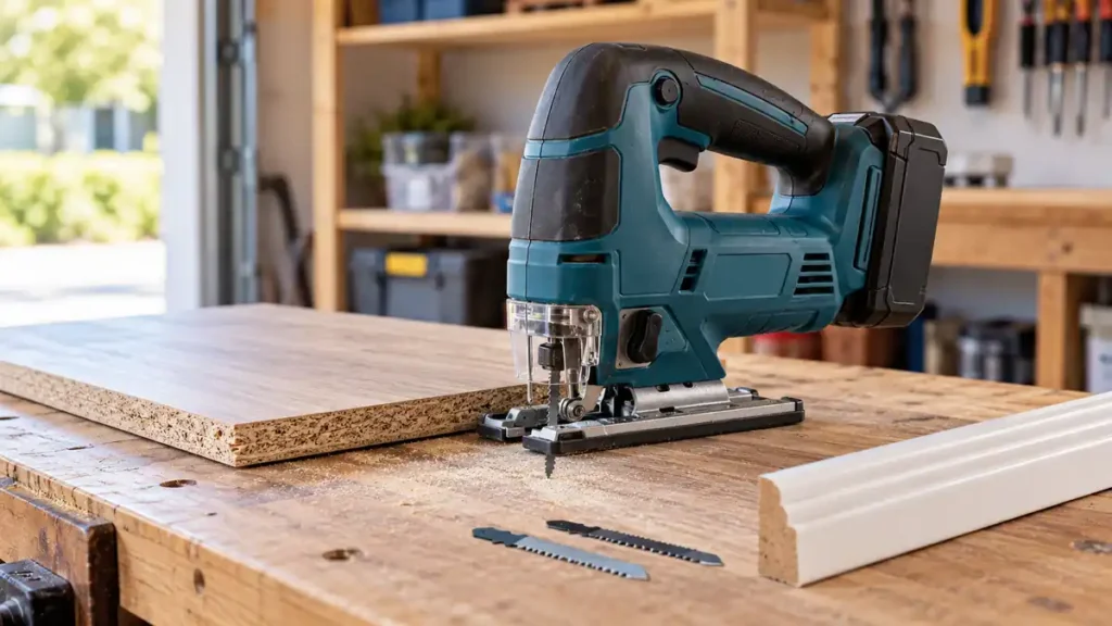 Cordless jigsaw with shelf and trim boards for home repair projects
