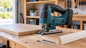 Cordless jigsaw with shelf and trim boards for home repair projects