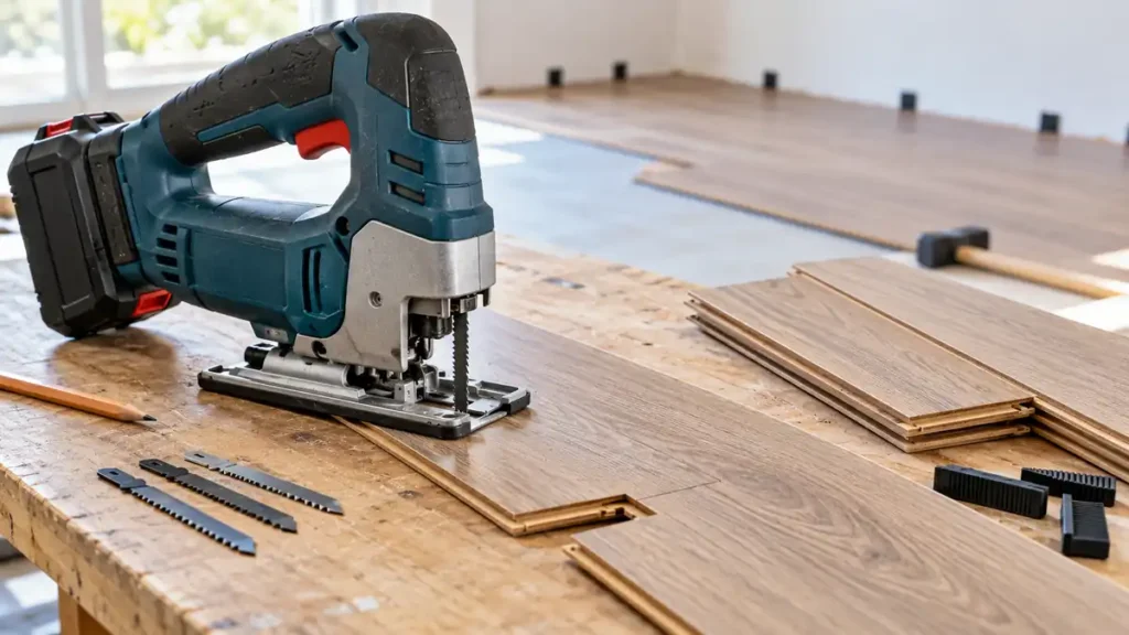 Cordless jigsaw with laminate floor planks and a notched installation piece