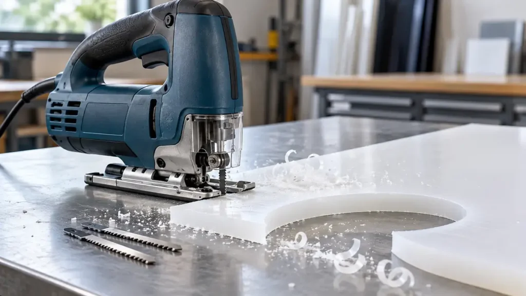 Jigsaw beside a plastic sheet with a rounded cutout