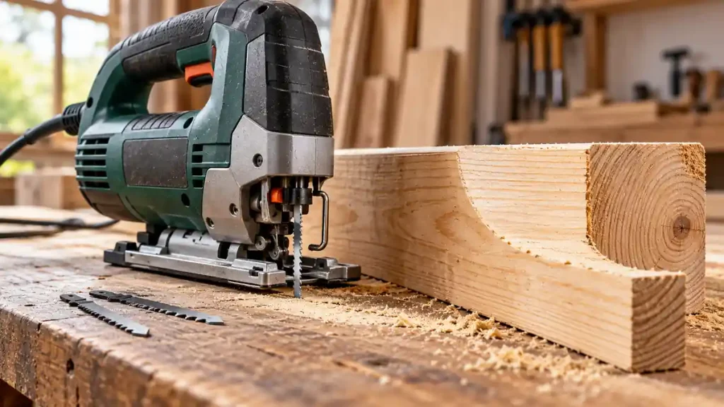 Jigsaw beside a thick timber beam with a curved notch