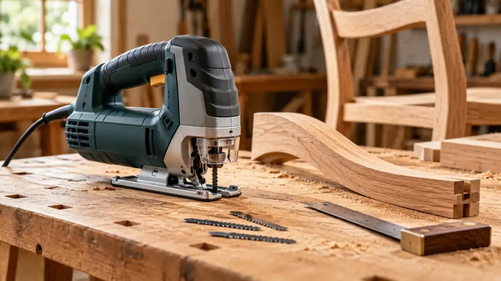 Woodworking jigsaw beside a curved oak furniture component