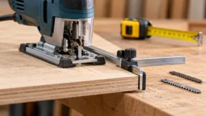 Jigsaw with a parallel edge guide beside a straight plywood edge