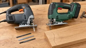 Corded and cordless jigsaws compared on a simple utility workbench
