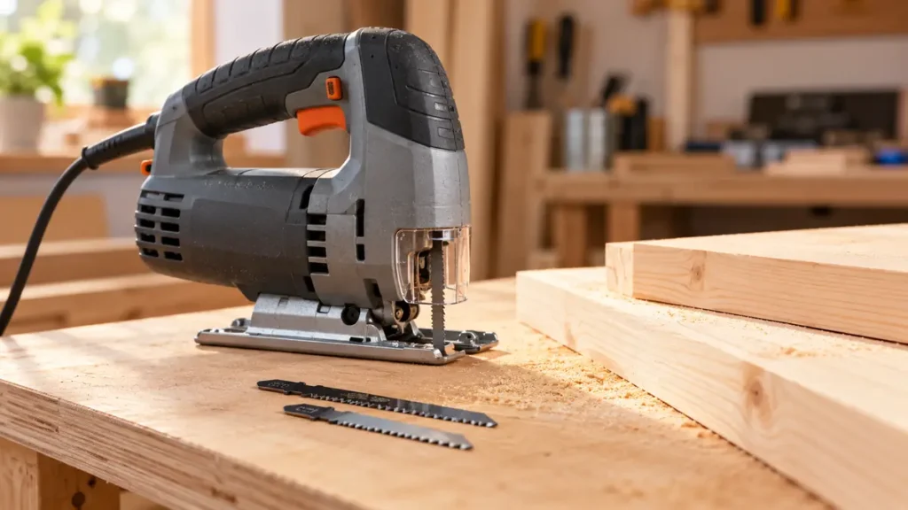 Simple corded jigsaw with two blades on a plywood workbench