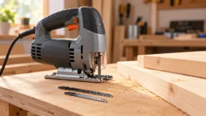 Simple corded jigsaw with two blades on a plywood workbench