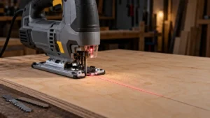 Jigsaw with a red laser guide line on a plywood cut path