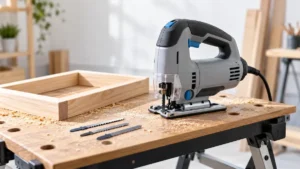 Lightweight jigsaw beside a wooden craft frame on a portable bench