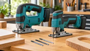 Cordless D-handle and barrel-grip jigsaws on a bamboo workbench