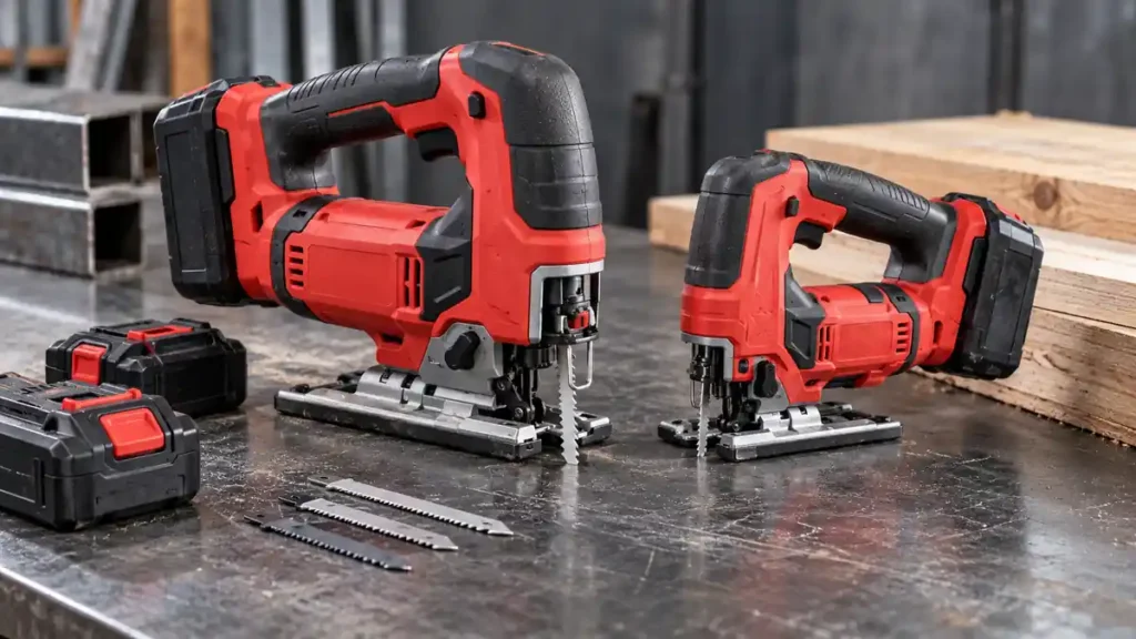 Two cordless jigsaws of different sizes displayed with battery packs
