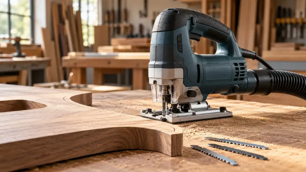 Professional jigsaw with dust extraction beside a hardwood cutting template