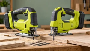 Two cordless jigsaws with different grip shapes on a home workshop bench