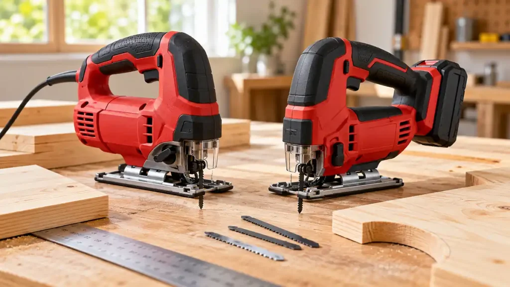 Corded and cordless DIY jigsaws beside pine project parts