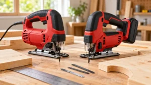Corded and cordless DIY jigsaws beside pine project parts