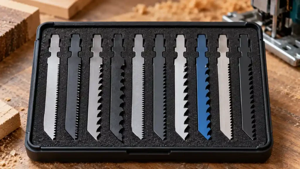 T-shank jigsaw blades with different tooth patterns in a storage tray