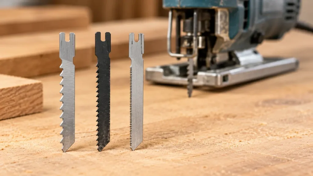 U-shank jigsaw blades with notched tangs beside a corded jigsaw