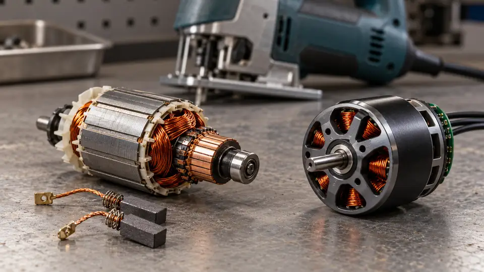 Brushed and brushless motor components with an electric jigsaw in the background