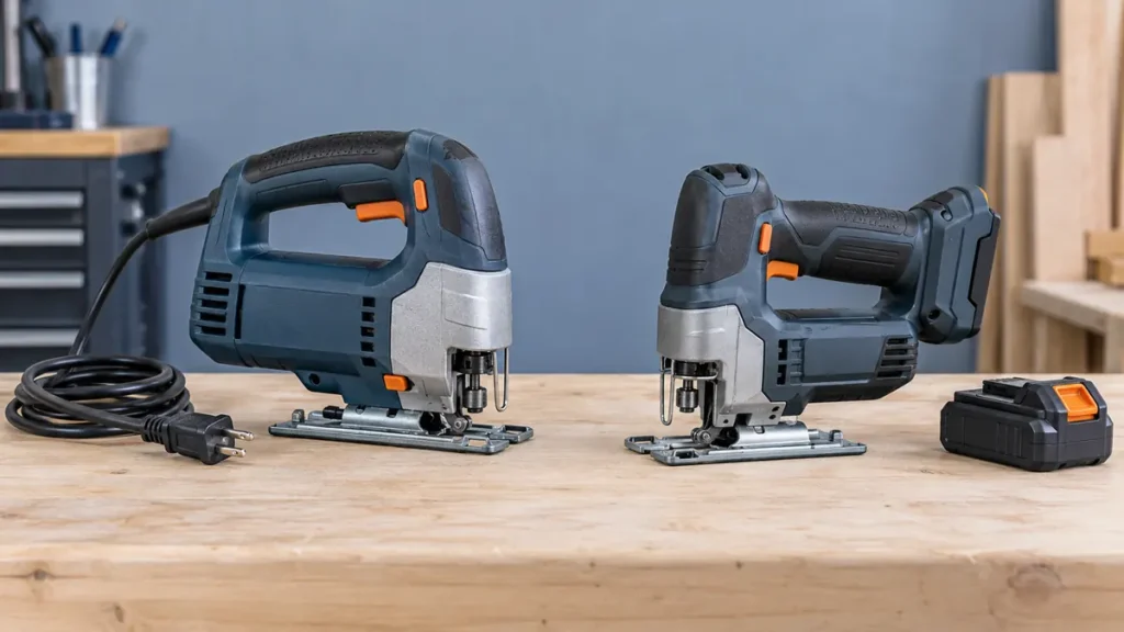 Corded and cordless jigsaws with an unplugged power cord and detached battery