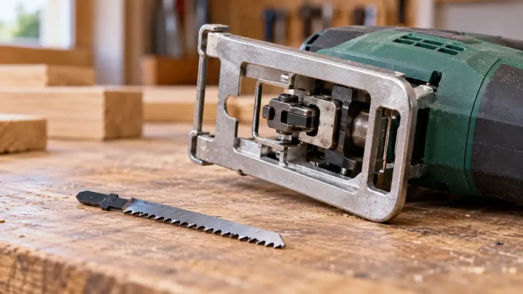 Jigsaw blade holder and loose T-shank blade prepared for a blade change