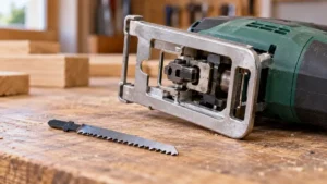 Jigsaw blade holder and loose T-shank blade prepared for a blade change