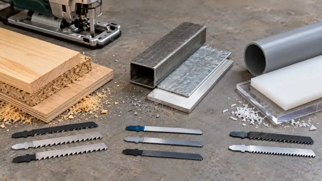 Jigsaw blade types grouped beside wood, metal and plastic samples