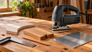 Jigsaw with plywood, oak and metal project samples for choosing a home workshop saw