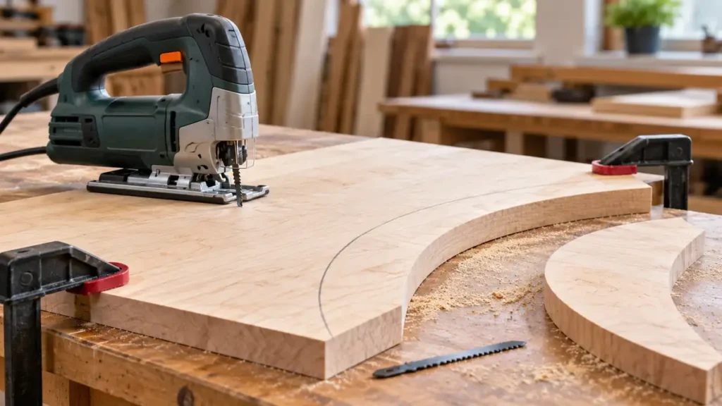 Jigsaw beside a marked curve and curved maple offcut