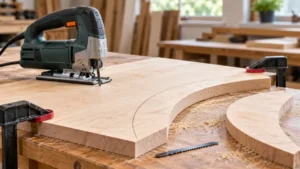 Jigsaw beside a marked curve and curved maple offcut