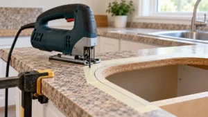 Jigsaw beside a marked sink opening in a laminate countertop