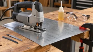 Jigsaw aligned on a clamped metal sheet with cutting oil nearby