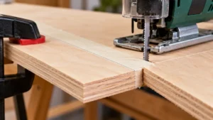 Jigsaw beside a clean plywood cut with intact face veneer