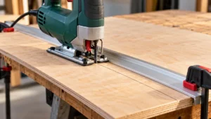 Jigsaw aligned with a straightedge on a clamped plywood panel