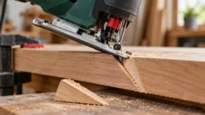 Jigsaw with tilted shoe beside a beveled wood offcut