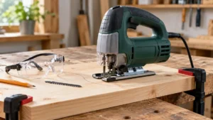 Jigsaw and clamped pine board prepared for a first woodworking cut