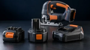 Different battery pack interfaces beside a compact cordless jigsaw