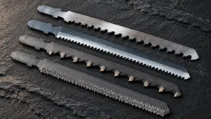 Steel, bi-metal, carbide-tooth and carbide-grit jigsaw blade edges in close-up