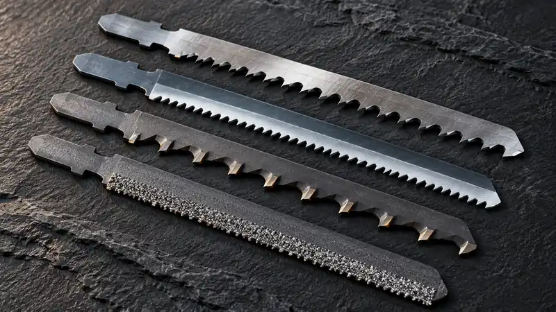 Steel, bi-metal, carbide-tooth and carbide-grit jigsaw blade edges in close-up