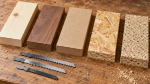 Softwood, hardwood, MDF, OSB and particleboard samples with jigsaw blades